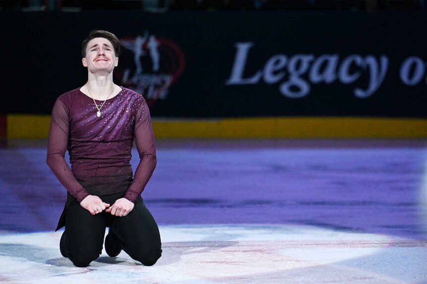 Maxim Naumov crying at the end of his skating routine during the Legacy on Ice event.