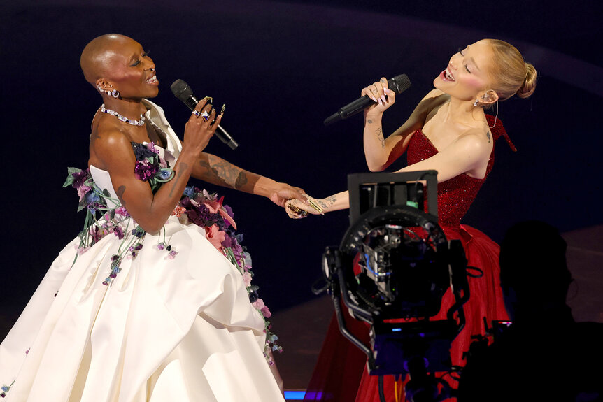 Cynthia Erivo and Ariana Grande perform together during the 2025 Oscars