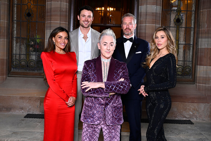 Dolores Catania, Dylan Efron, Alan Cumming, Lord Ivar Mountbatten and Gabby Windey stand together on The Traitors Season 3 Episode 11.