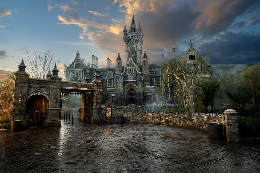 A view of the castle at Dark Universe at Universal Epic Universe